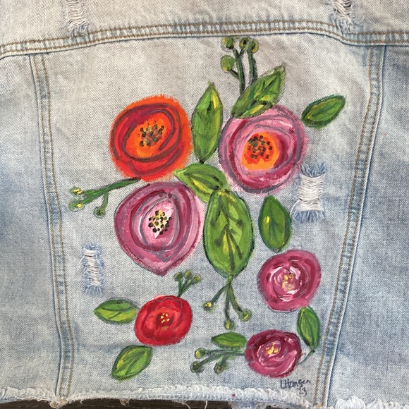 Artisan Hand Painted Abstract Flowers on Back Eighty-Two Denim Jacket Crop Med - Picture 2 of 9